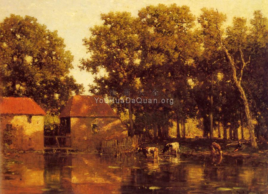 A Sunlit River Landscape With Cows Watering - 威廉·勒洛夫斯